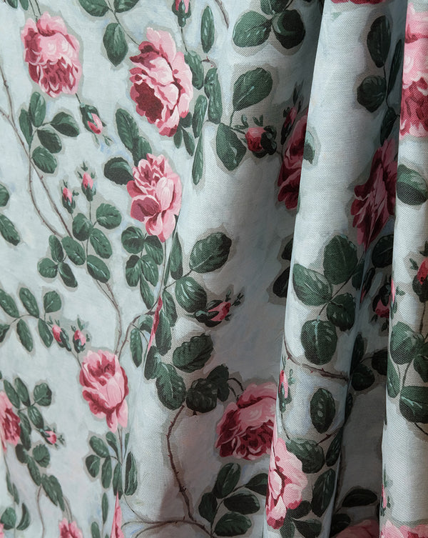 Linen Fabric - Roses Pompadour 75B  Blue - french.us