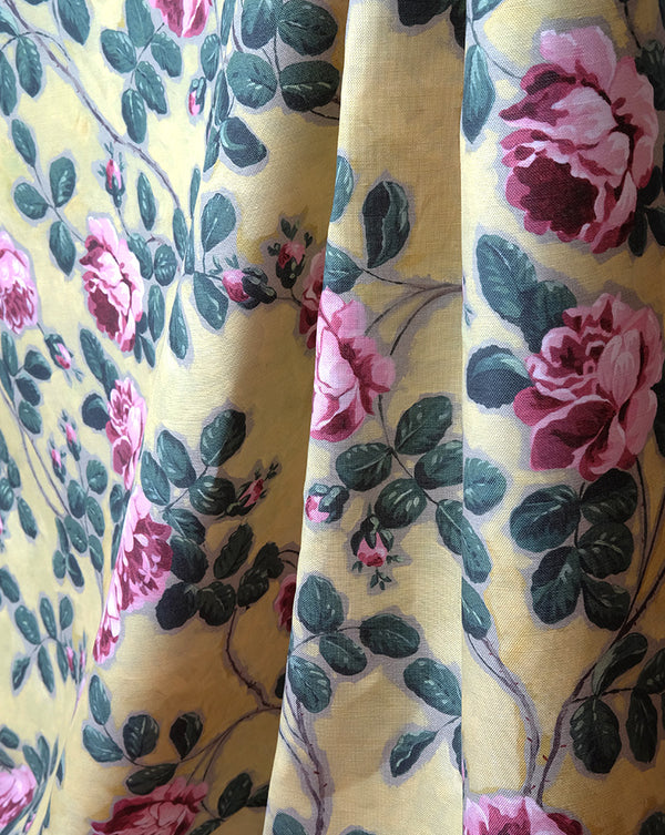 Linen Fabric - Roses Pompadour 75C Yellow - french.us