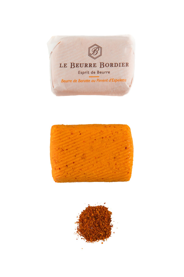 Le Beurre Bordier Espelette Butter, on white background, wrapped and unwraped
