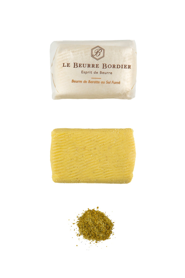 Smoked Salt Butter - Le Beurre Bordier On white Background with small pile of smoked salt