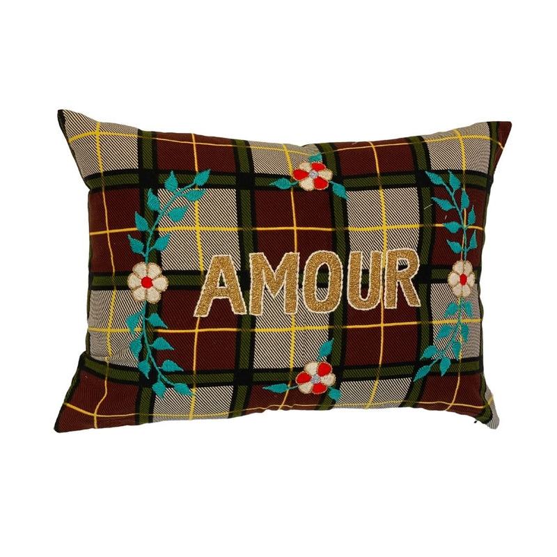 Pillowcase “Amour” - Red and Green Plaid with Flowers - French inc