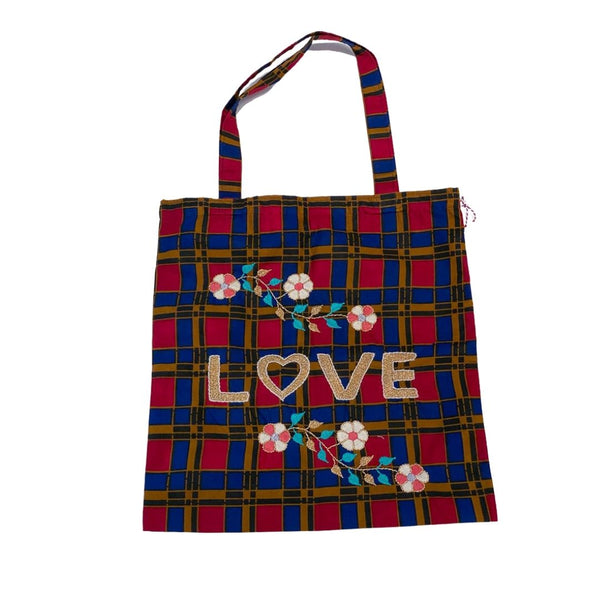 Tote “Love” - Red Blue Plaid - French inc